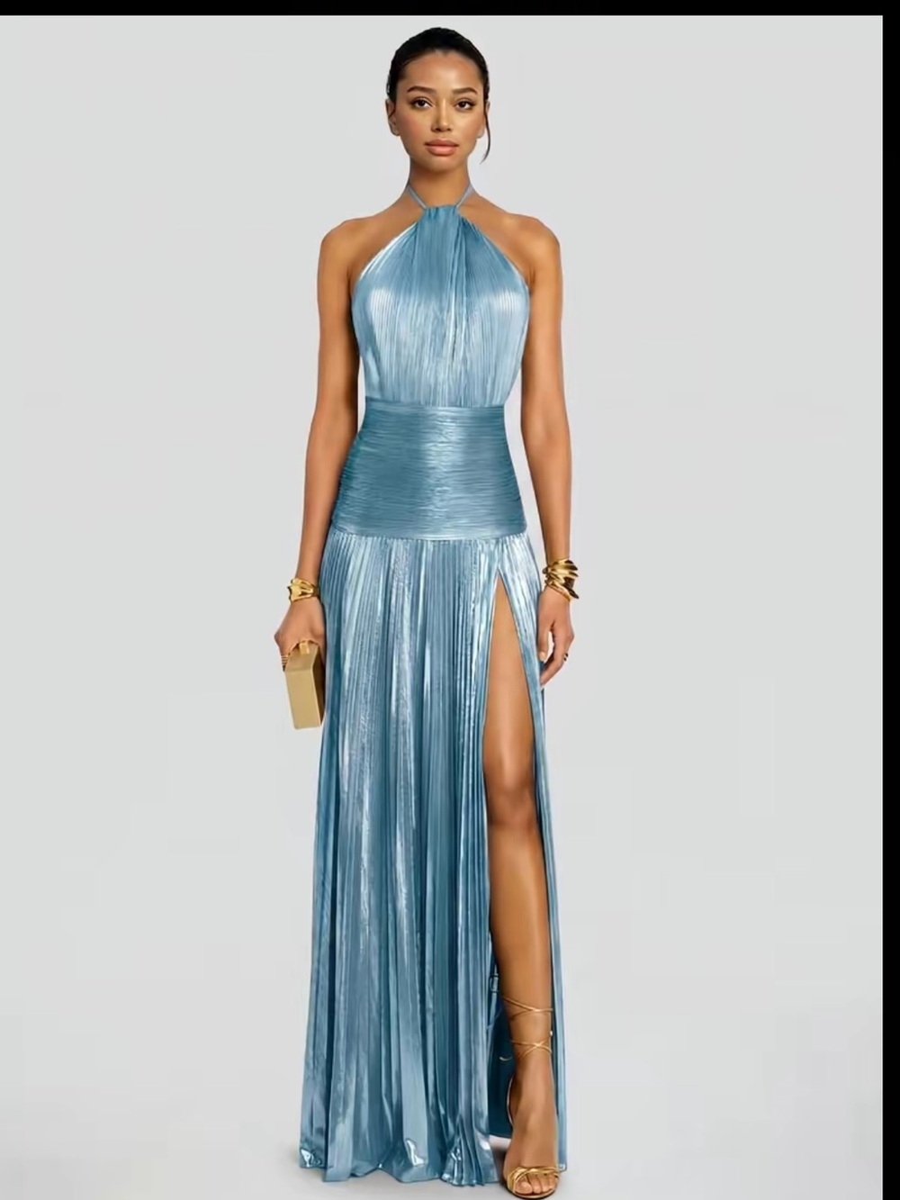 Sky Blue Halter Pleated Evening Gown